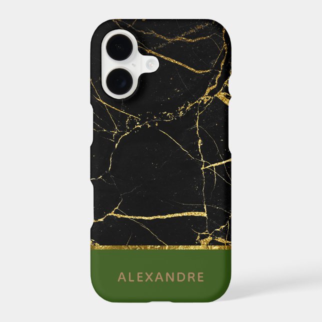 Personalized Modern chic Black marble Gold Green (Back)