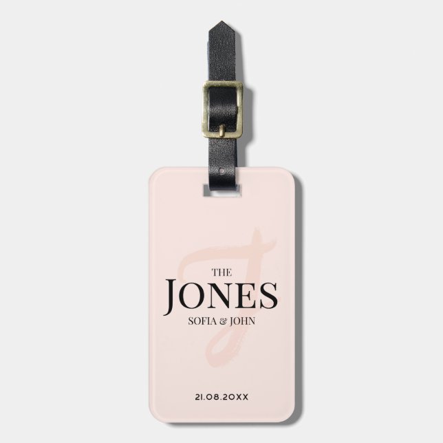 Personalized Modern Elegant Pink Monogram Newlywed Luggage Tag (Front Vertical)