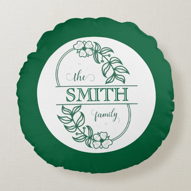  Personalized Modern Floral Family Name Monogram Round Cushion (Front)