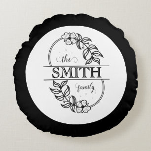 Personalized Modern Floral Family Name Monogram Round Cushion