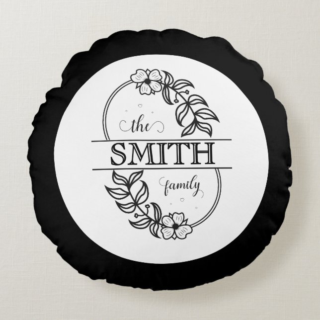  Personalized Modern Floral Family Name Monogram Round Cushion (Front)