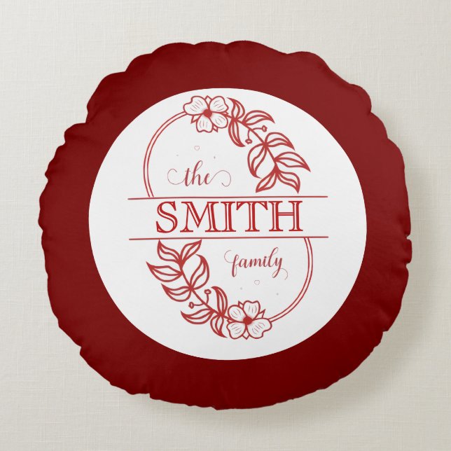  Personalized Modern Floral Family Name Monogram Round Cushion (Front)