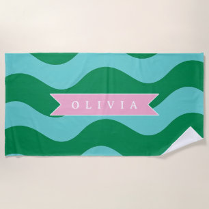 Personalized Modern Fun Green Wave Stripes Custom Beach Towel