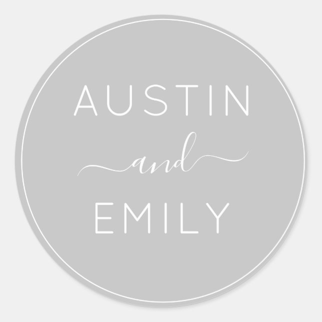 Personalized Modern  Gray white Wedding Classic Ro Classic Round Sticker (Front)