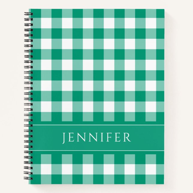 Personalized Modern Green Gingham Notebook (Front)