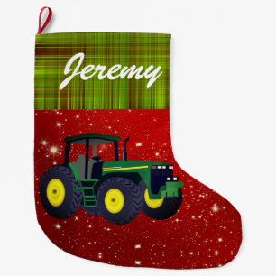Personalized Modern Green Tractor Large Christmas Stocking