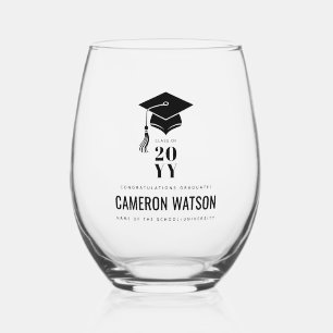 Personalized Modern Hat and Tassel Graduation Stemless Wine Glass