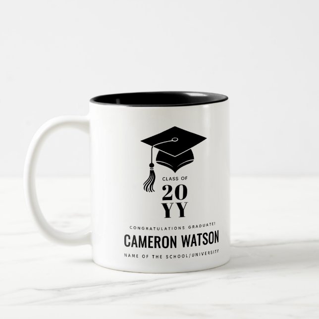 Personalized Modern Hat and Tassel Graduation Two-Tone Coffee Mug (Left)