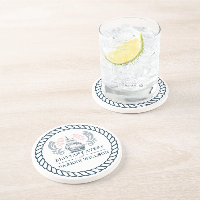 Personalized Modern Nautical Wedding Coaster (Side)