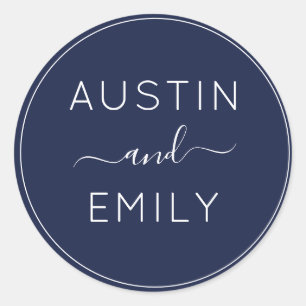Personalized Modern Navy Blue Wedding Classic Round Sticker