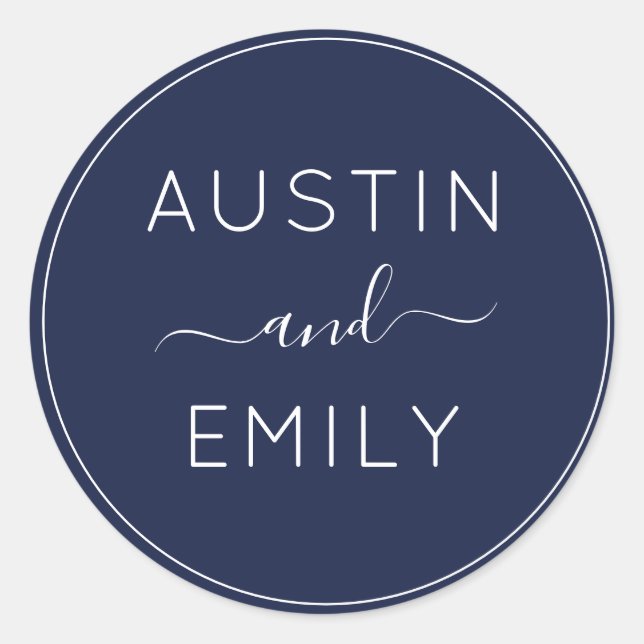 Personalized Modern Navy Blue Wedding Classic Round Sticker (Front)