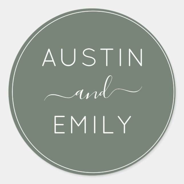 Personalized Modern Olive Green Wedding Classic Round Sticker (Front)