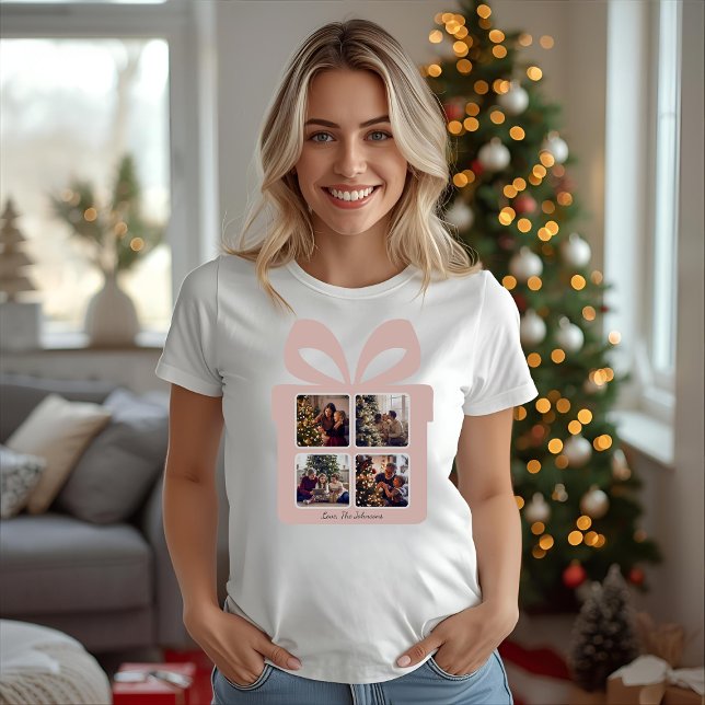 Personalized Modern Pink Christmas Photo Gift Box T-Shirt (Creator Uploaded)