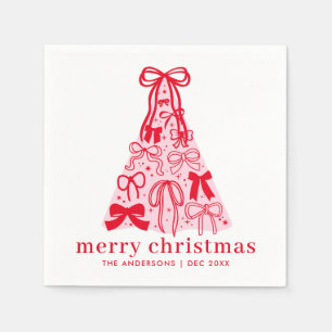 Personalized Modern Pink Red Bows Christmas Napkin