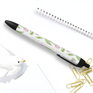 Personalized Modern Pink Tulip Flower Black Ink Pen