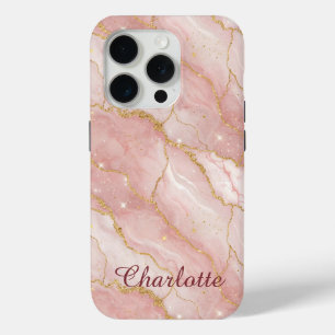Personalized Modern Rose Quartz Marble Gold iPhone 15 Pro Case