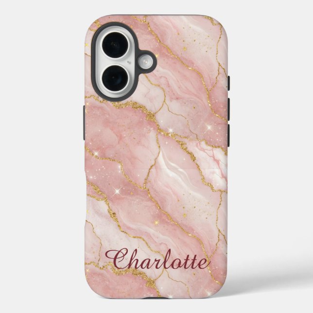 Personalized Modern Rose Quartz Marble Gold Case-Mate iPhone Case (Back)