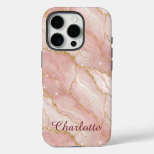Personalized Modern Rose Quartz Marble Gold iPhone 16 Pro Case