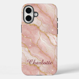 Personalized Modern Rose Quartz Marble Gold iPhone 16 Plus Case