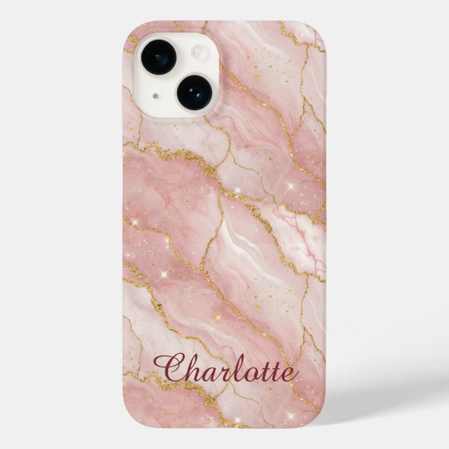 Personalized Modern Rose Quartz Marble Gold Case-Mate iPhone Case (Back)