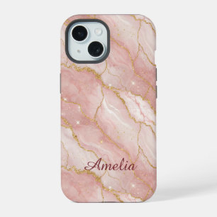 Personalized Modern Rose Quartz Marble Gold iPhone 15 Case