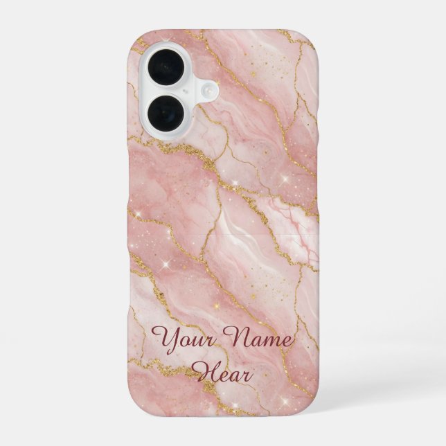 Personalized Modern Rose Quartz Marble Gold iPhone 16 Case (Back)