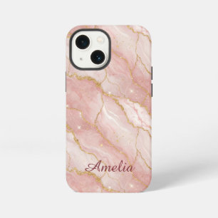 Personalized Modern Rose Quartz Marble Gold iPhone 13 Mini Case