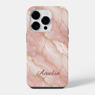 Personalized Modern Rose Quartz Marble Gold iPhone 14 Pro Case
