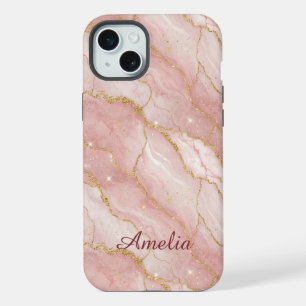 Personalized Modern Rose Quartz Marble Gold iPhone 15 Plus Case