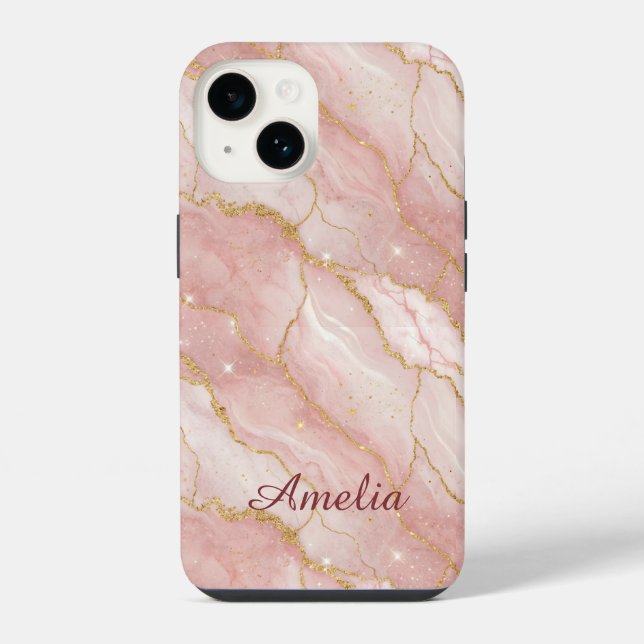 Personalized Modern Rose Quartz Marble Gold iPhone Case (Back)