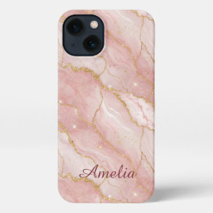 Personalized Modern Rose Quartz Marble Gold iPhone 13 Case