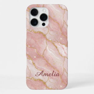Personalized Modern Rose Quartz Marble Gold iPhone 16 Pro Max Case