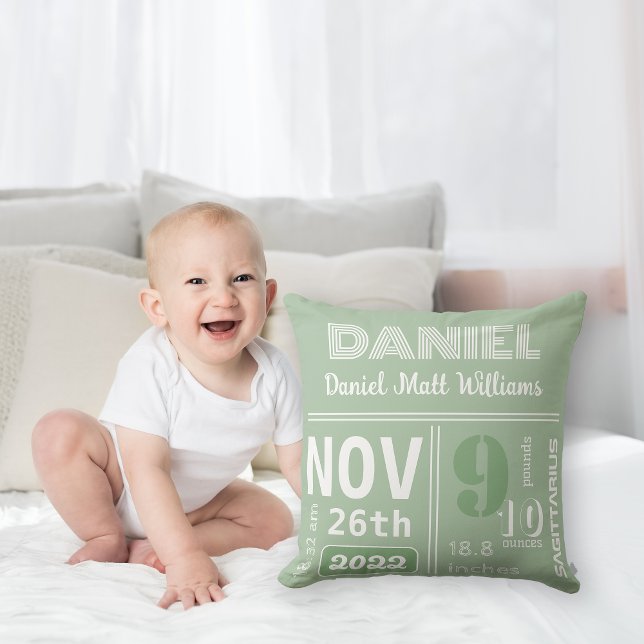 Personalized Modern Sage Green Birth Announcement Cushion (Creator Uploaded)