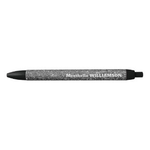 Personalized Modern Sparkly Silver GLITTER Black Ink Pen
