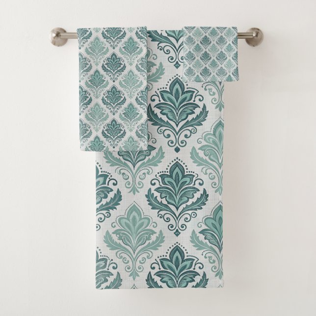 Personalized Modern Teal Nordic Damask Bath Towel Set (Insitu)