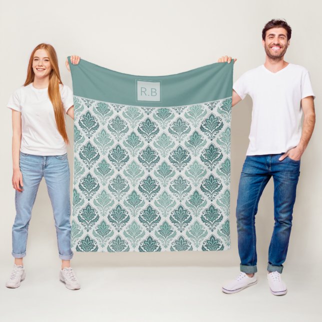 Personalized Modern Teal Nordic Damask Fleece Blanket (In Situ)