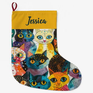 Personalized  Modern Whimsical Cat Design Large Christmas Stocking