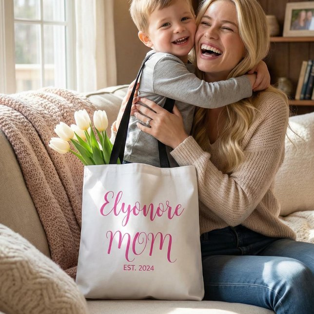 Personalized Mom Name Established Date Pink Script Tote Bag (Creator Uploaded)