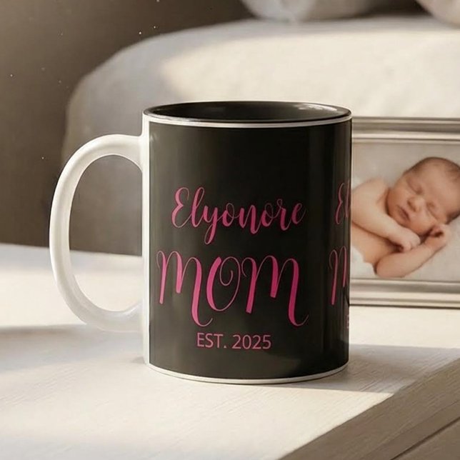 Personalized Mom Name Established Pink Script  Two-Tone Coffee Mug (Creator Uploaded)