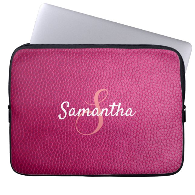 Personalized Monogram and Name Pink Leather Laptop Sleeve (Front)