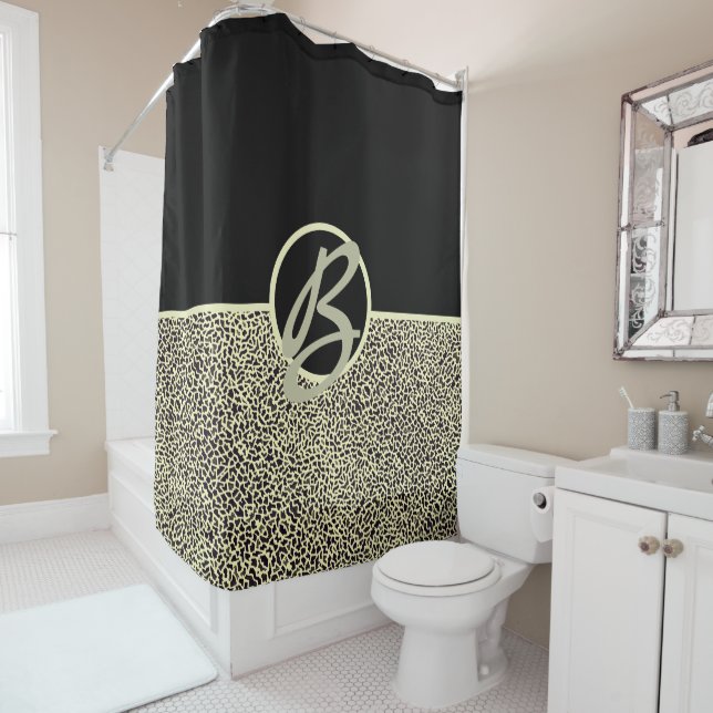 Personalized Monogram Black Cream Leopard Shower Curtain (In Situ)