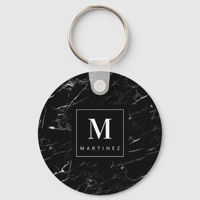 Personalized  Monogram Black Marble Key Ring (Front)