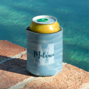 Personalized Monogram Blue Swimming Pool Modern Can Cooler
