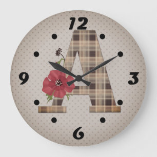 Personalized monogram editable A text red flower f Large Clock