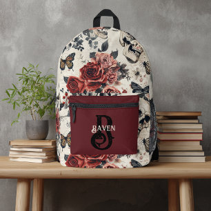 Personalized Monogram Gothic Red Rose and Skull Printed Backpack