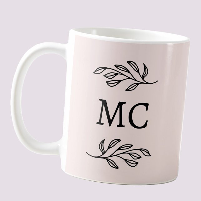 Personalized Monogram Initials Botanical Blush Coffee Mug (Modern personalized monogram initials botanical leaf line art coffee mug)