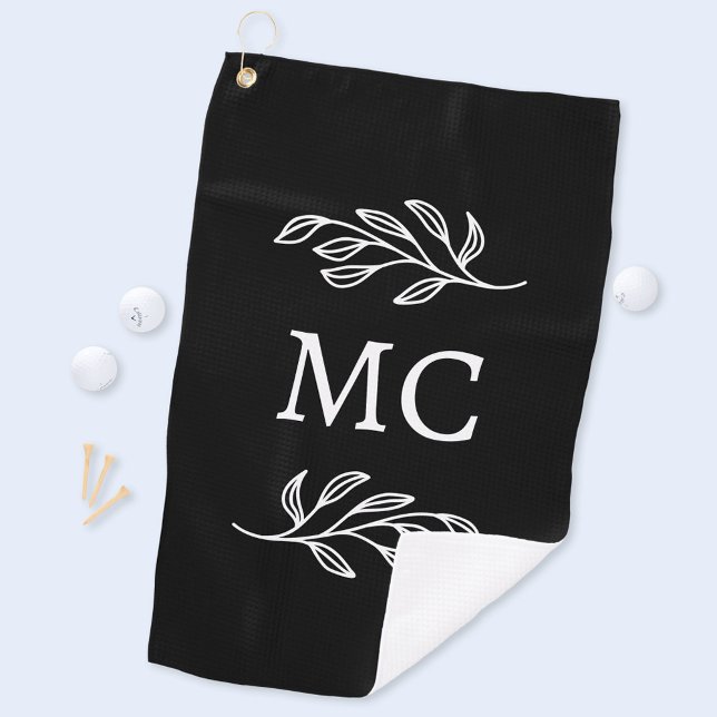 Personalized Monogram Initials Botanical Leaf Golf Towel (Modern personalized monogram initials botanical leaf line art golf towel)