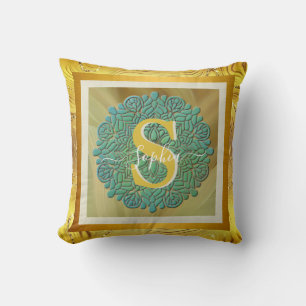 Personalized Monogram Mandala Gold and Blue Cushion