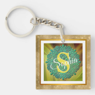 Personalized Monogram Mandala Gold and Blue Key Ring