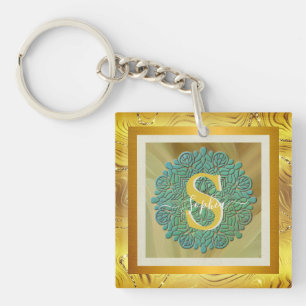 Personalized Monogram Mandala Gold and Blue Key Ring